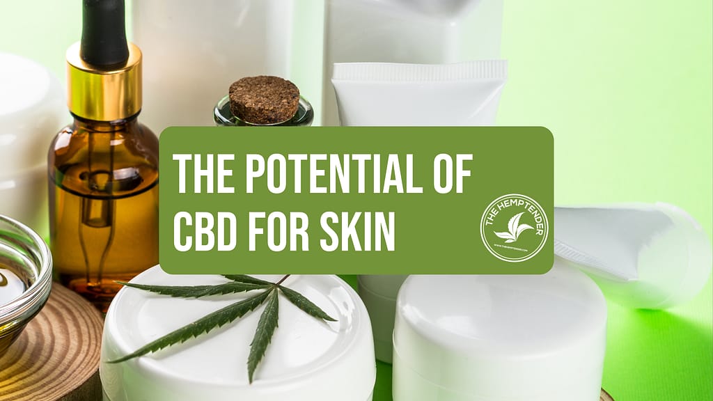 A photo of CBD skincare products on a green background with a text overlay that reads "the potential of cbd for skin"