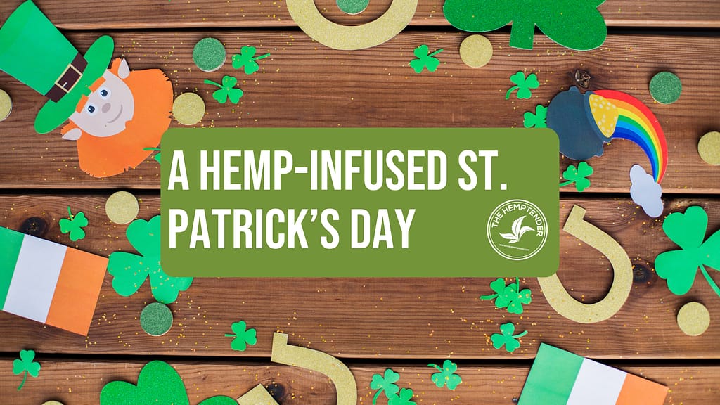 a bunch of st. patricks day confetti on a wooden surface with text that reads "a hemp infused st. patricks day"