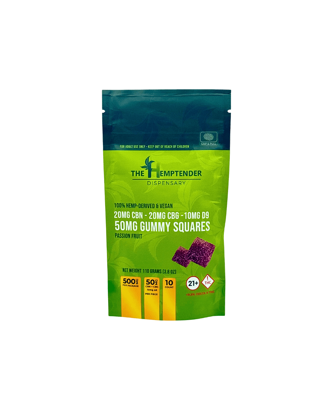 The Hemptender 50mg Delta-9 THC + CBN+ CBG Gummy Squares - 10ct - Passionfruit