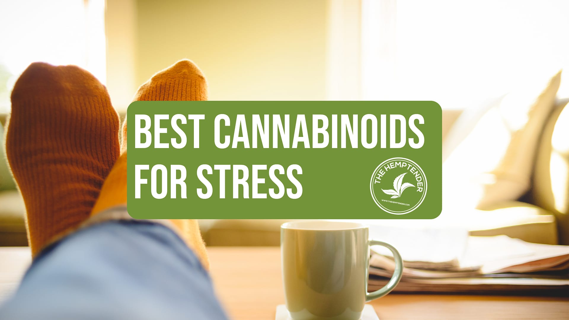 a person with a cup of tea relaxing with their feet up and text that reads "best cannabinoids for stress"