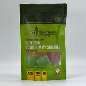 a bag of The Hemptender 20mg delta-9 THC gummy squares on a white background