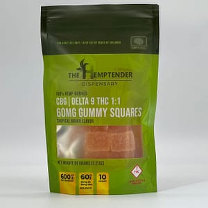 30mg CBG and 30mg THC gummy squares by The Hemptender on a white background.