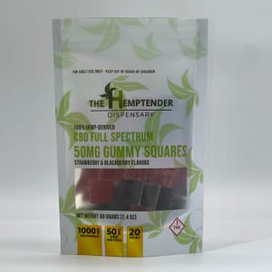 50mg full-spectrum CBD gummies by The Hemptender, strawberry blackberry flavor on a white background.